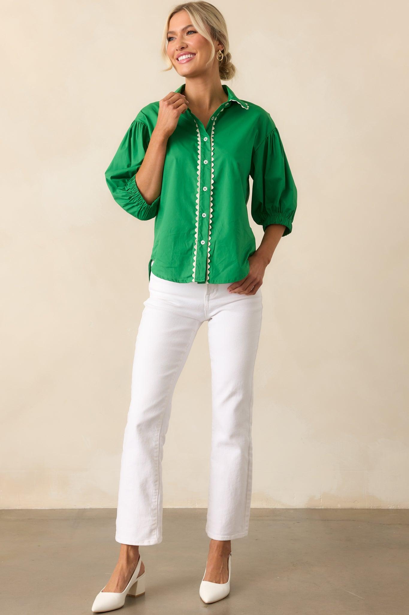 A Twist On Classic Green Cotton Button Front Top Product Image