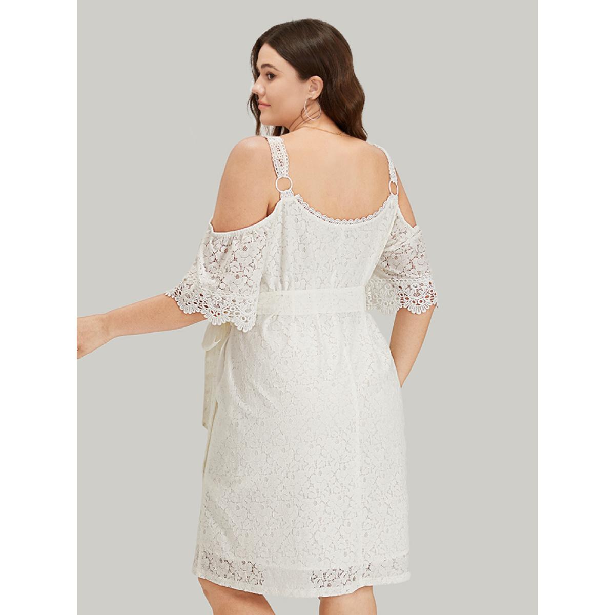 Plus Size Lace Panel Belted Cold Shoulder Flutter Sleeve Dress White Women Elegant Lined Cold Shoulder Half Sleeve Curvy Knee Dress BloomChic 26/4X Product Image