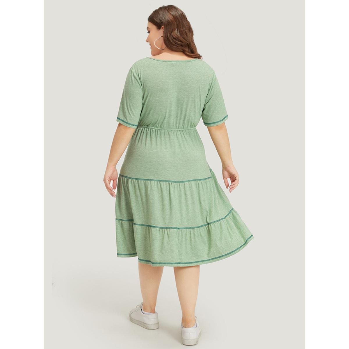 Plus Size Supersoft Essentials Contrast Layered Elastic Waist A Line Dress Mint Women Casual Contrast V-neck Short sleeve Curvy Midi Dress BloomChic 14-16/1X Product Image