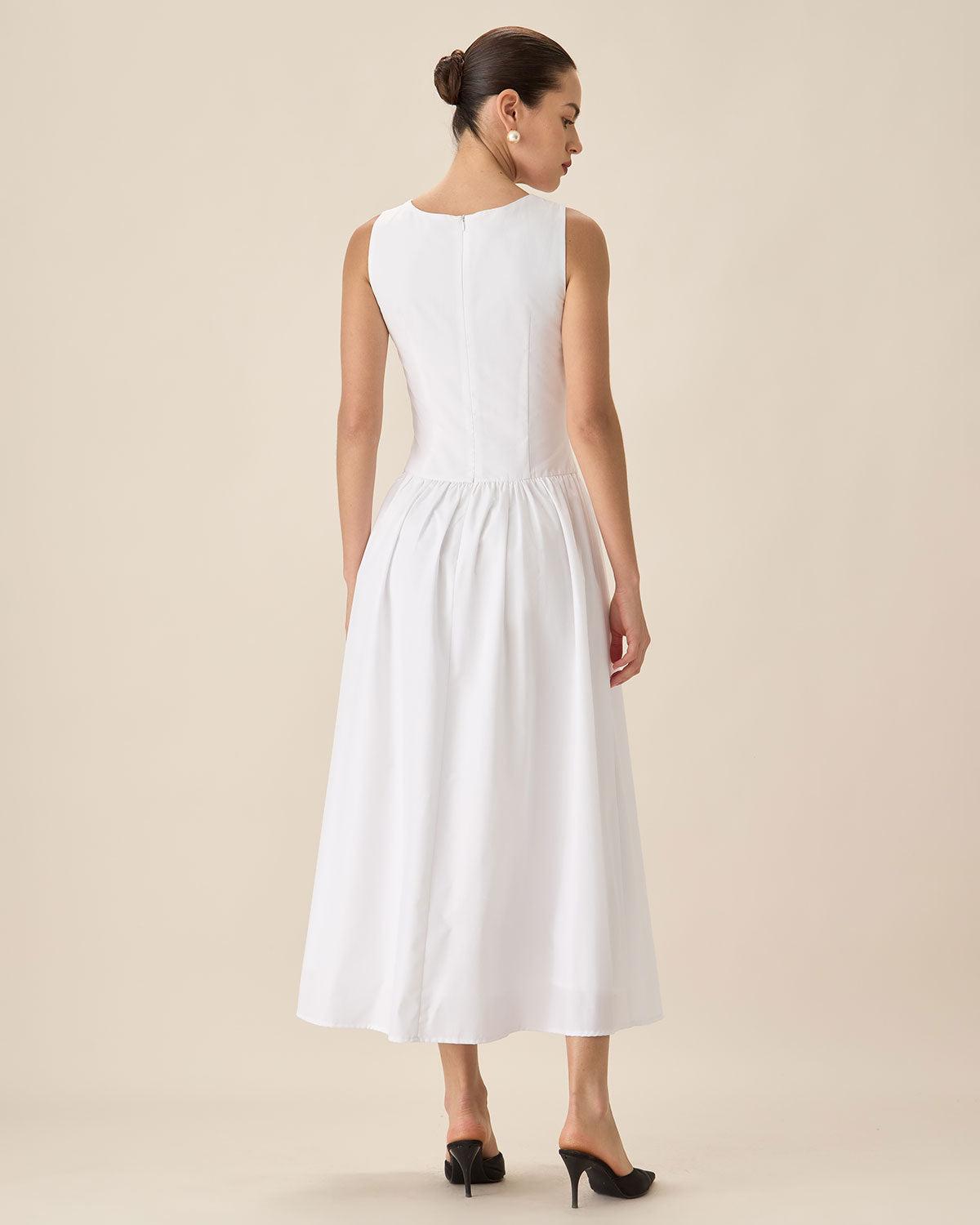 White Round Neck Pocket Maxi Dress Product Image