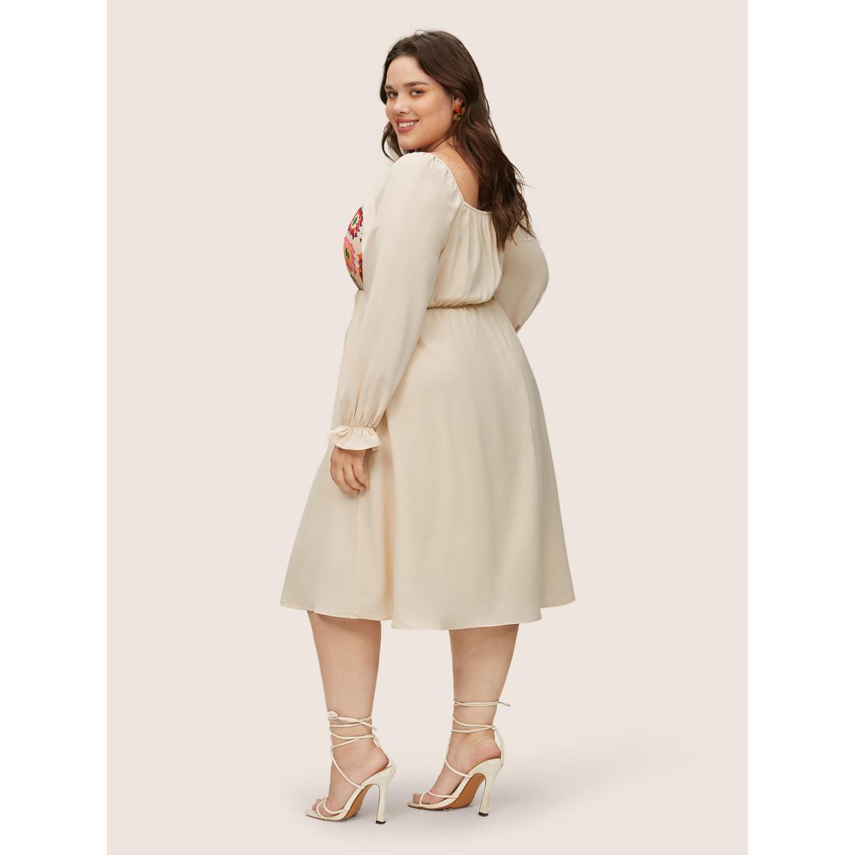 Plus Size Floral Patchwork Square Neck Gathered Dress Apricot Women Resort Texture Square Neck Long Sleeve Curvy Midi Dress BloomChic 14-16/1X Product Image