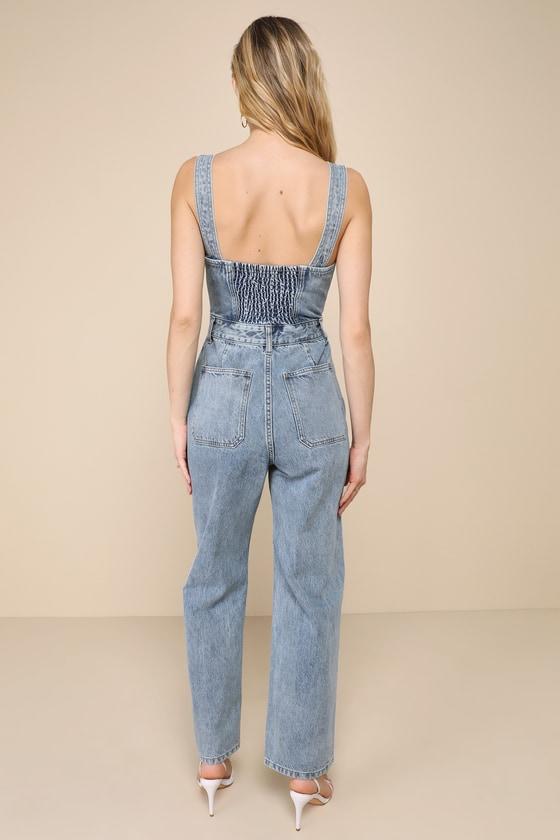 Fresh Perfection Light Wash Bustier Sleeveless Denim Jumpsuit Product Image