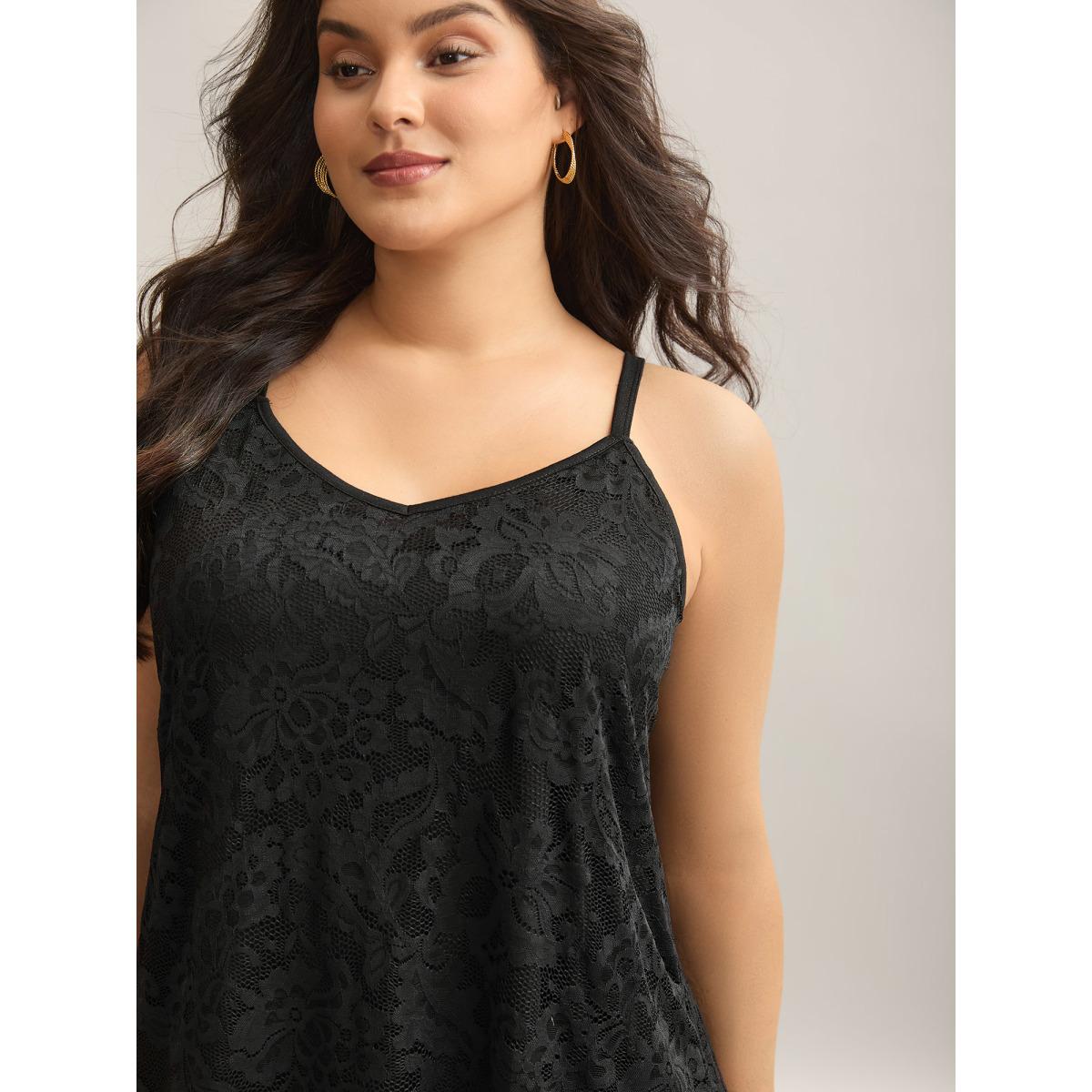 Plus Size Floral Lace Lined Tank Top Women Black Timeless Non V-neck Elegant Tank Tops Camis BloomChic 12/L Product Image