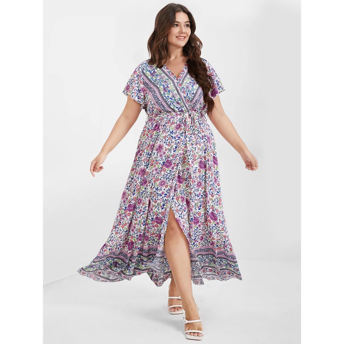 Boho Elegant Flutter Plus Size Women Midi Dress Vacation Bohemian Print Ties Bodycon Ruffle Sleeve Short Sleeve V Neck Belt Dailywear Long Dress BloomChic Product Image