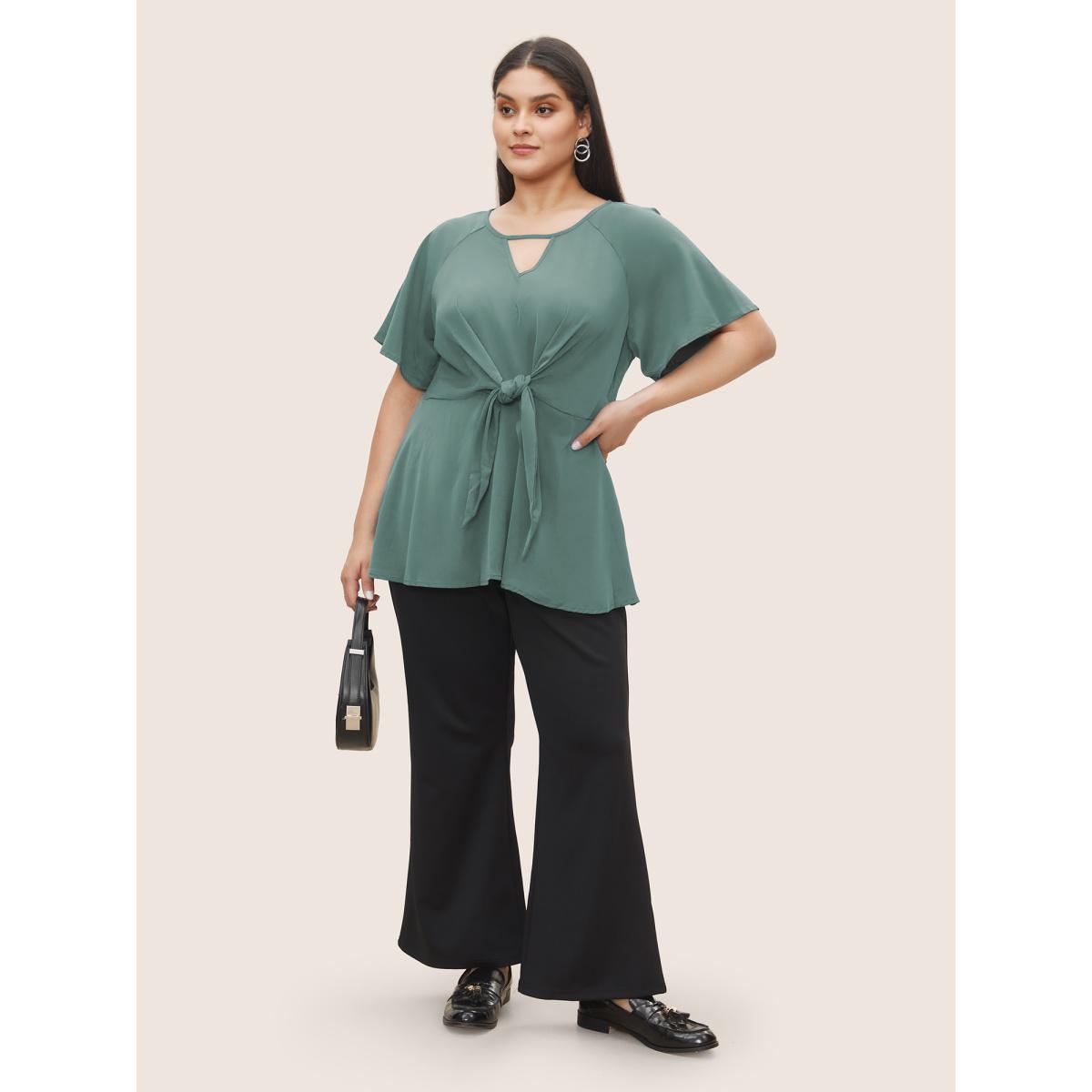 Plus Size Mint Plain Keyhole Knotted Front Ruffle Sleeve Blouse Women Work From Home Short sleeve Round Neck Work Blouses BloomChic 18-20/2X Product Image