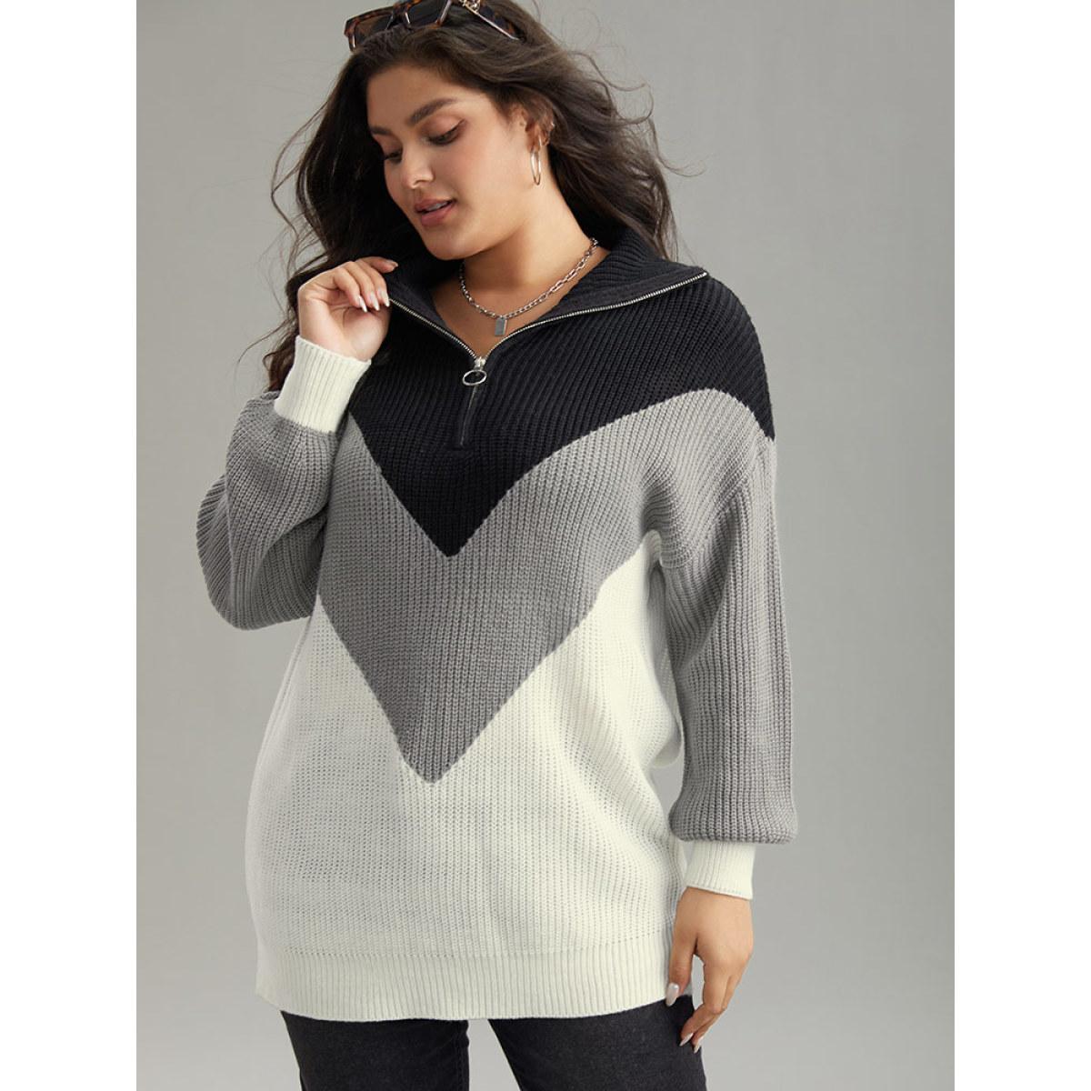 Plus Size Colorblock Patchwork Zipper Lapel Collar Pullover Multicolor Women Casual Long Sleeve Lapel Collar Everyday Pullovers BloomChic 30/6X Product Image