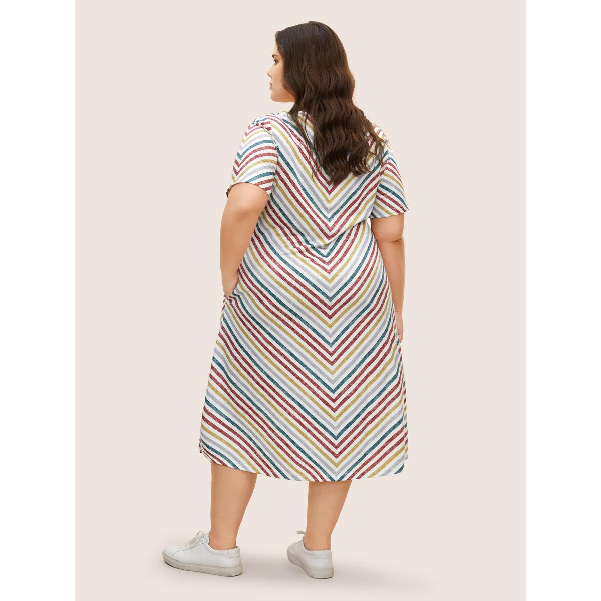 Plus Size Colored Striped V Neck Pocket Midi Dress Multicolor Women Casual Contrast V-neck Short sleeve Curvy BloomChic 12/L Product Image