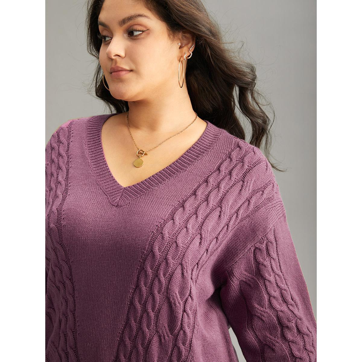 Plus Size Solid Cable Knit V Neck Split Side Pullover Mauve Women Casual Loose Long Sleeve V-neck Everyday Pullovers BloomChic 30/6X Product Image