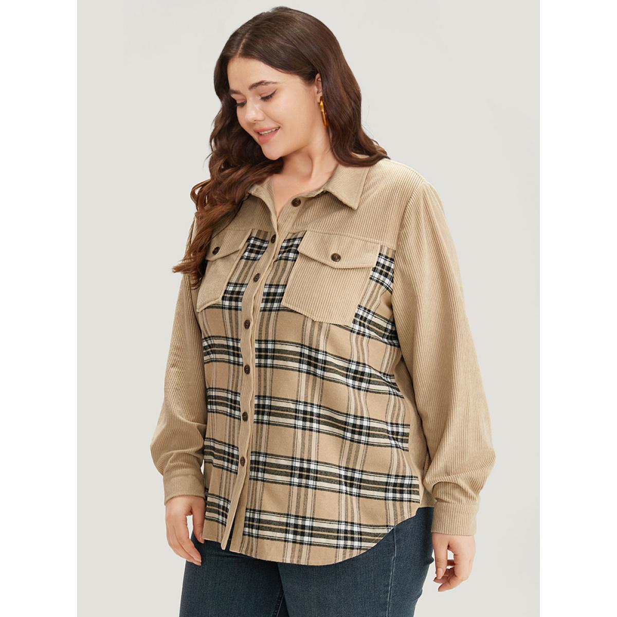 Plus Size Plaid Pocket Button Through Patchwork Shirt Collar Coat Women Tan Texture Pocket Dailywear Jackets BloomChic 12/L Product Image