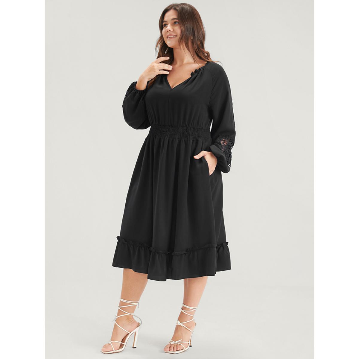 Plus Size Solid Pocket Crochet Lace Lantern Sleeve Ruffle Shirred Midi Dress Black Women Dating Plain V-neck Long Sleeve Curvy Midi Dress BloomChic 10/M Product Image