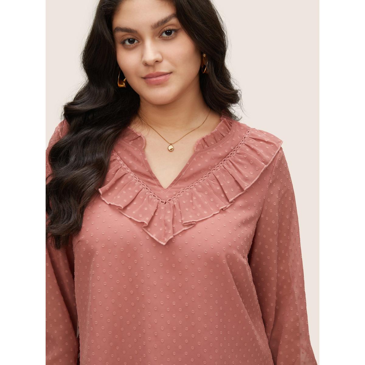 Plus Size DustyPink Texture Shirred Lace Patchwork Frill Trim Blouse Women Elegant Long Sleeve V-neck Everyday Blouses BloomChic 28/5X Product Image