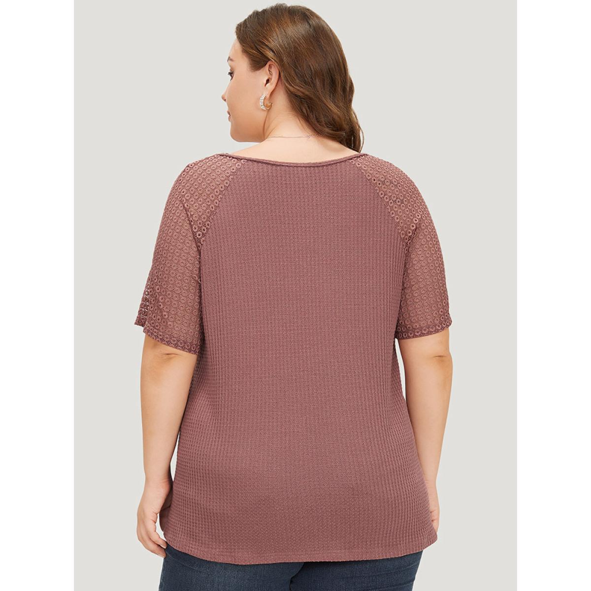 Plus Size Plain Contrast Lace Raglan Sleeve Button Detail T-shirt DustyPink Women Elegant Lace Plain V-neck Dailywear T-shirts BloomChic 10/M Product Image