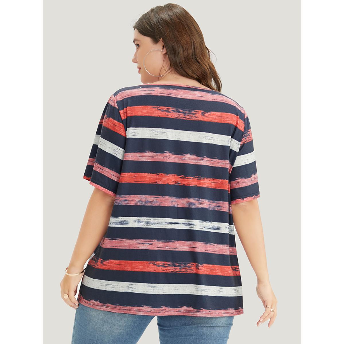 Plus Size Striped Contrast Crisscross Neck T-shirt Midnight Women Casual Striped V-neck Dailywear T-shirts BloomChic 10/M Product Image