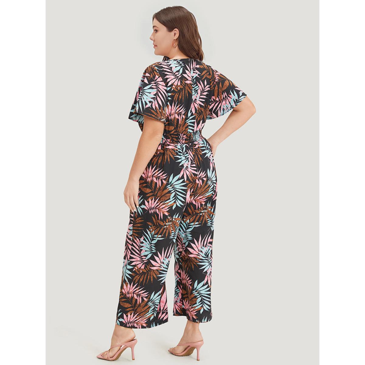 Plus Size Black Tropical Print Knot Neck Shirred Wrap Jumpsuit Women Elegant Short sleeve Tie Neck Dailywear Loose Jumpsuits BloomChic 12/L Product Image