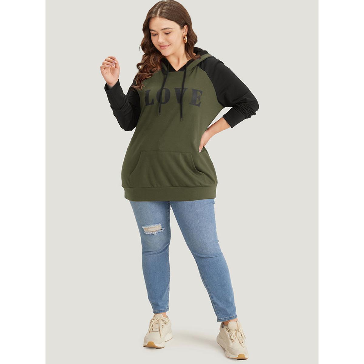 Plus Size Letter Print Contrast Hooded Pocket Drawstring Sweatshirt Women ArmyGreen Casual Elastic cuffs Dailywear Sweatshirts BloomChic 30/6X Product Image