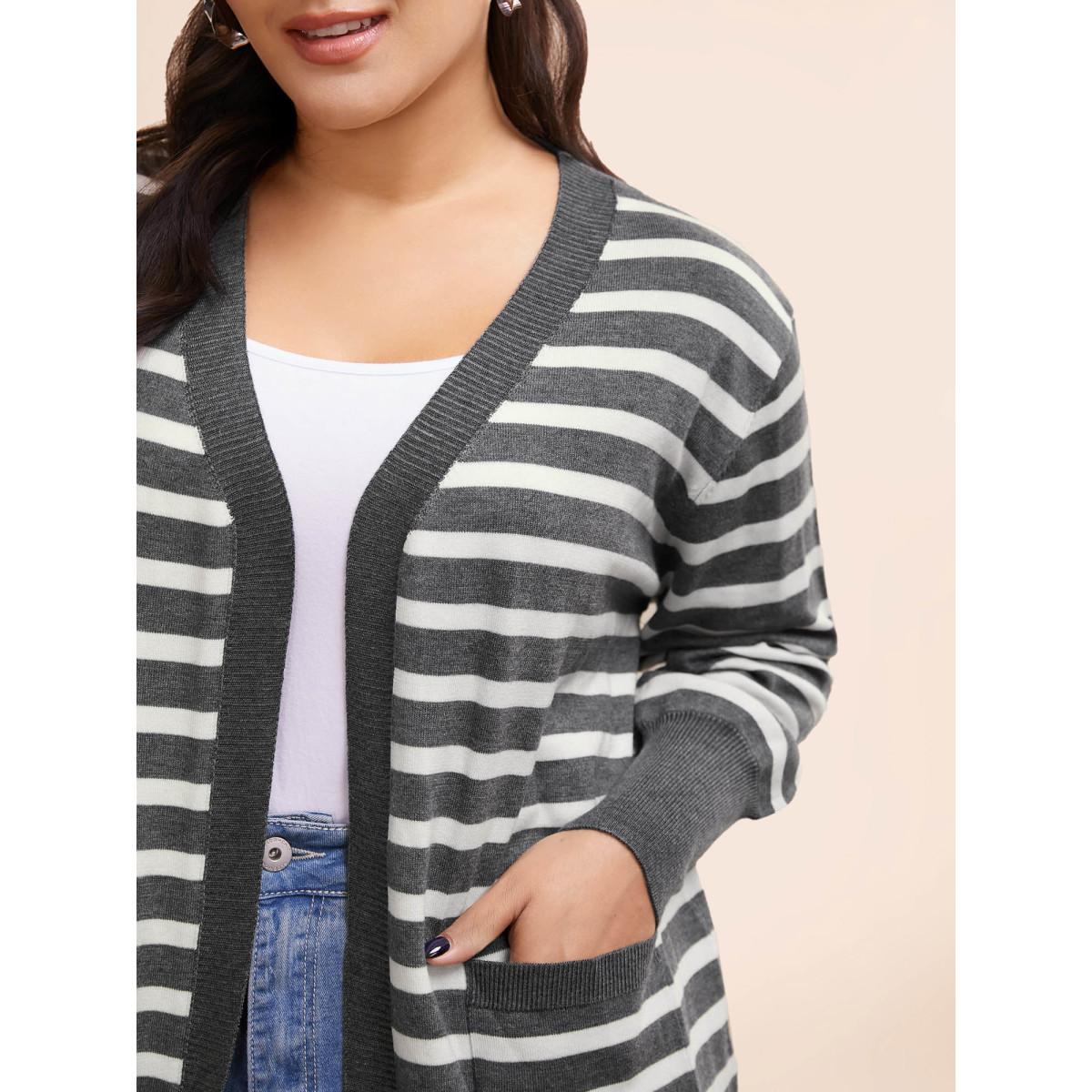 Plus Size Striped Lantern Sleeve Patched Pocket Cardigan DimGray Women Casual Loose Long Sleeve Everyday Cardigans BloomChic 22-24/3X Product Image