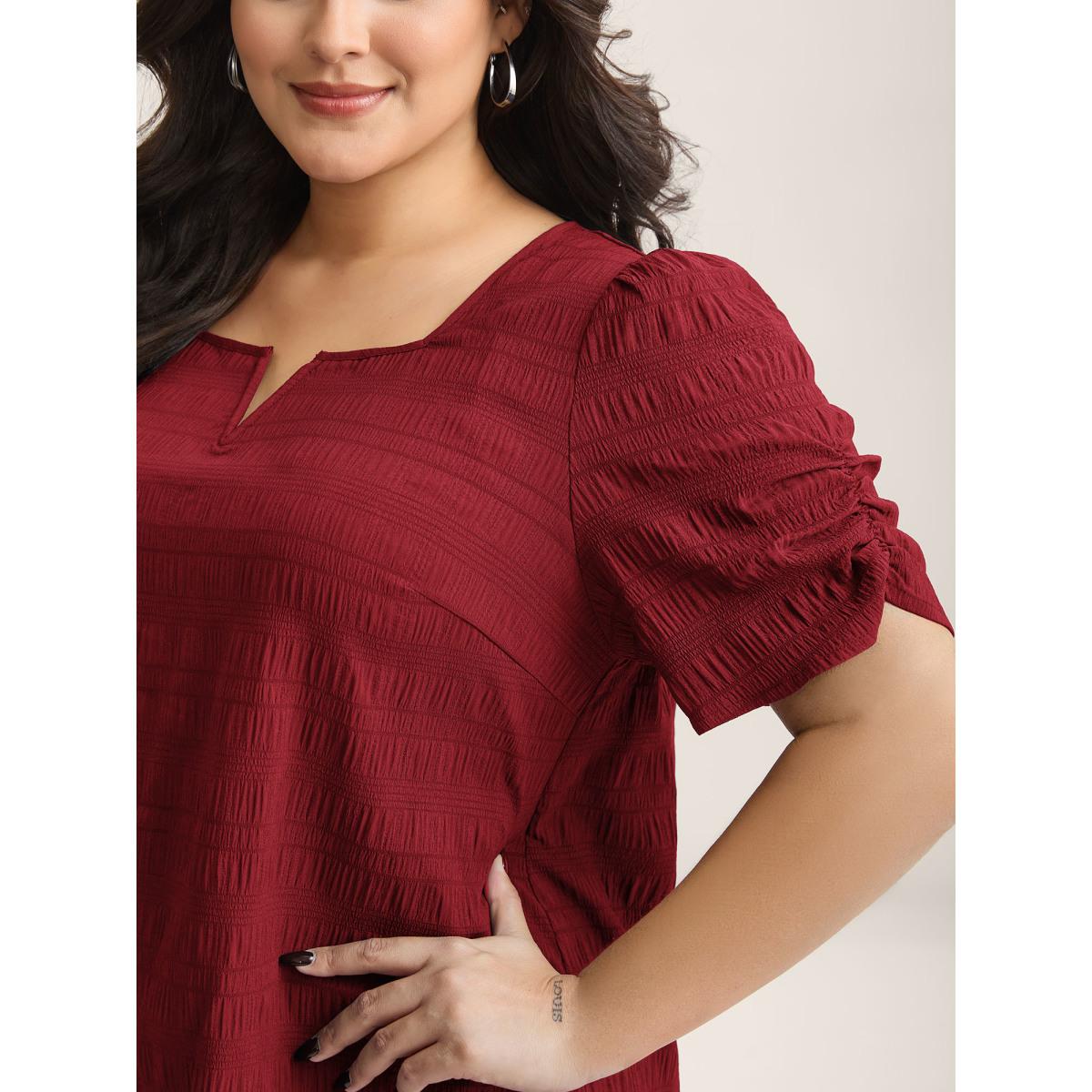 Plus Size DarkGreen Textured Gathered Sleeve Split Neck Blouse Women Office Short sleeve Asymmetrical Neck Office Blouses BloomChic 26/4X Product Image