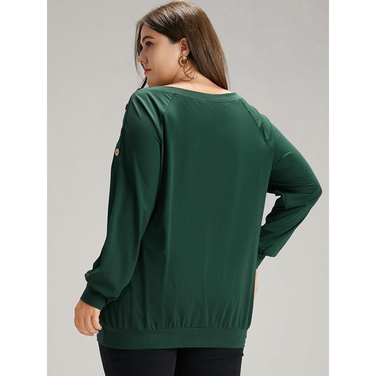 Plus Size Cotton Plain Button Detail Raglan Sleeve T-shirt DarkGreen Women Casual Plain Plain Round Neck Dailywear T-shirts BloomChic 18-20/2X Product Image