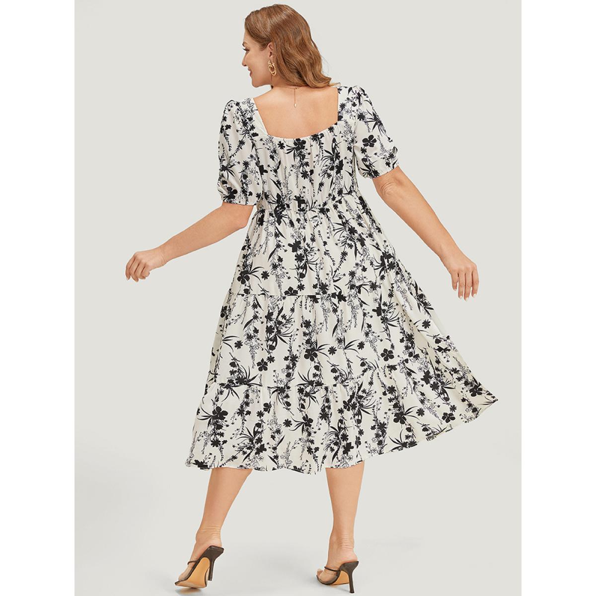 Plus Size Floral Puff Sleeve Pocket Ruched Drawstring Ruffle Dress Black Women Elegant Lined Square Neck Short sleeve Curvy Midi Dress BloomChic 30/6X Product Image