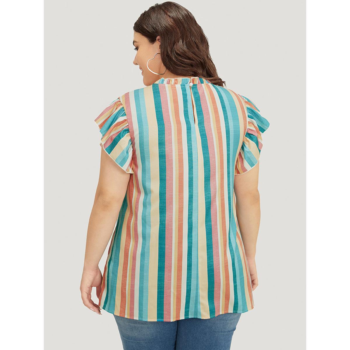 Plus Size Turquoise Striped Contrast Pleated Cap Sleeve Keyhole Frill Trim Blouse Women Vacation Cap Sleeve Mock Neck Dailywear Blouses BloomChic 10/M Product Image