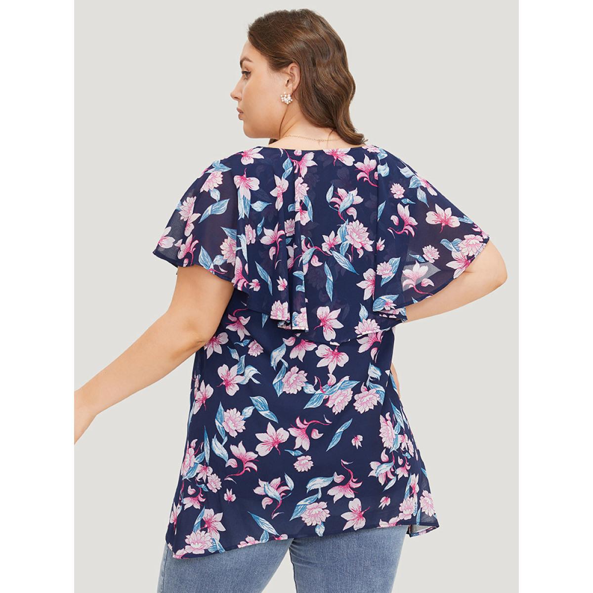 Plus Size Indigo Floral Print Ruffle Trim Asymmetrical Hem Blouse Women Elegant Short sleeve Round Neck Dailywear Blouses BloomChic 10/M Product Image