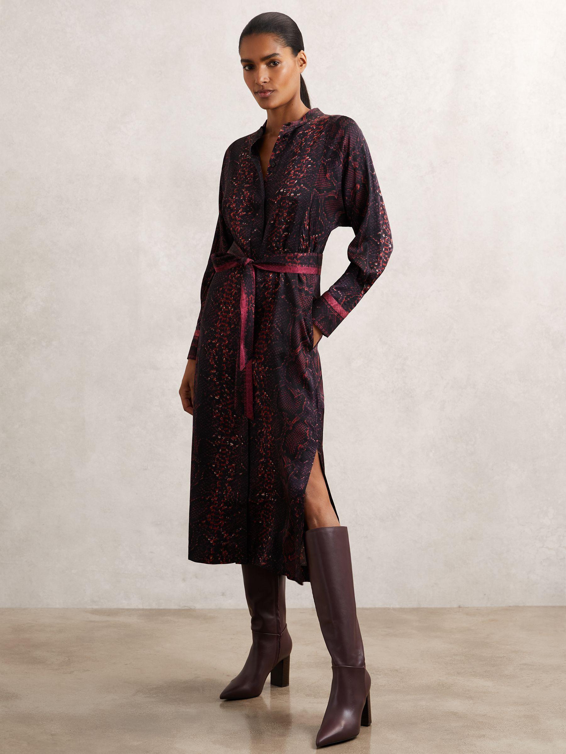 Snake-Print Belted Shirt Dress in Burgundy/Black Product Image