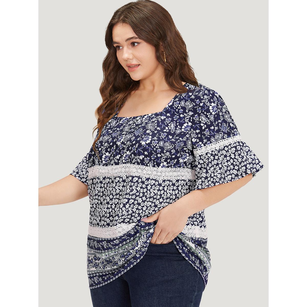 Plus Size Indigo Ditsy Floral Patchwork Square Neck Flutter Sleeve Blouse Women Elegant Half Sleeve Square Neck Dailywear Blouses BloomChic 10/M Product Image
