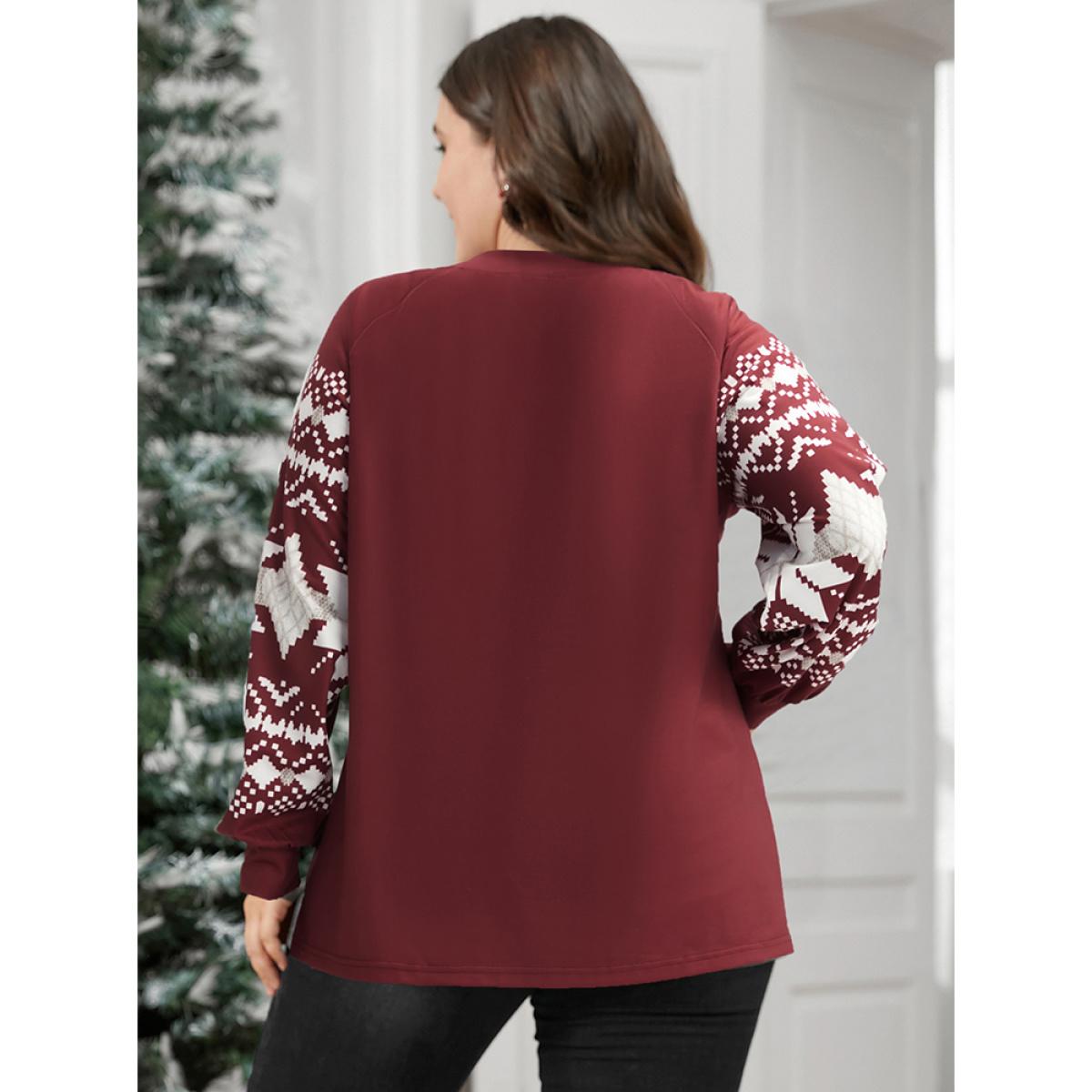 Plus Size Snowflake Print V Neck Drop Shoulder Sweatshirt Women Scarlet Casual Contrast V-neck Festival-Christmas Sweatshirts BloomChic 12/L Product Image