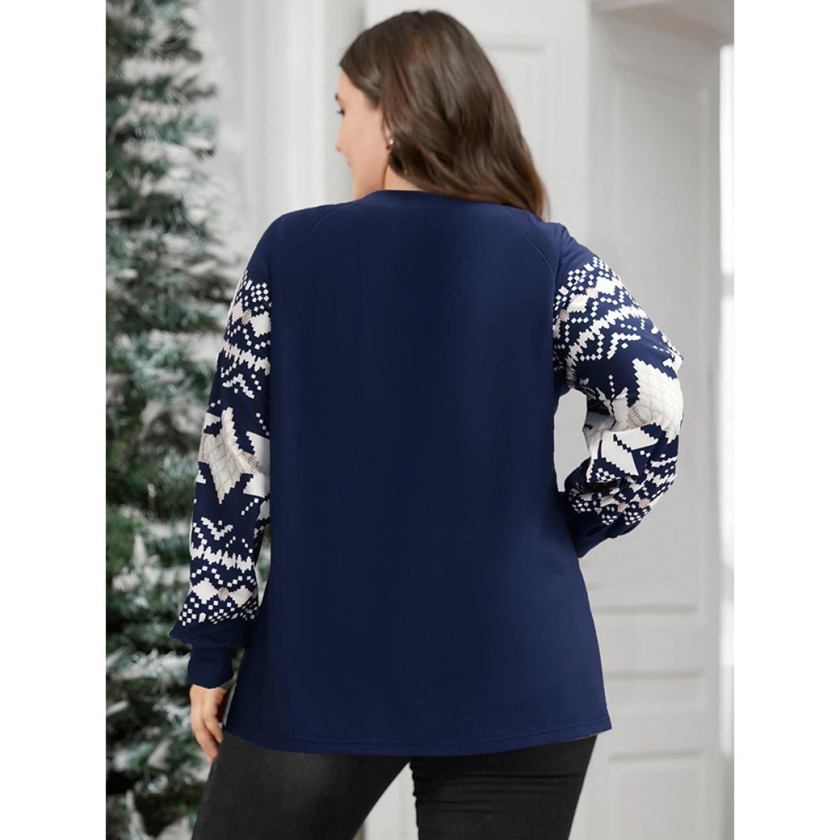 Plus Size Snowflake Print V Neck Drop Shoulder Sweatshirt Women Indigo Casual Contrast V-neck Festival-Christmas Sweatshirts BloomChic 12/L Product Image