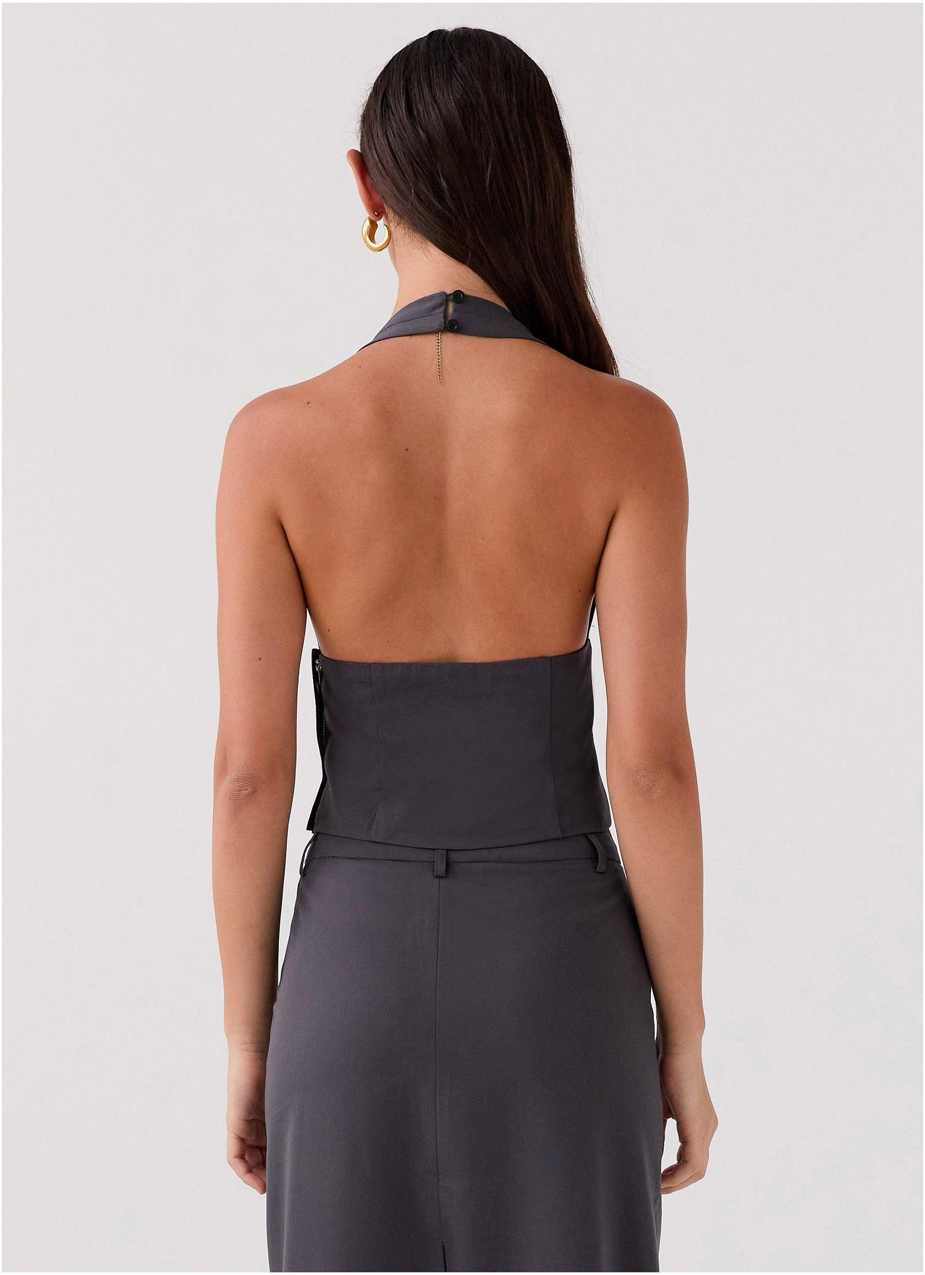 On Call Halterneck Top - Charcoal Product Image