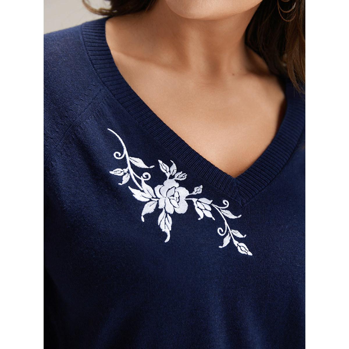Plus Size Supersoft Essentials Floral Embroidered Pullover Indigo Women Casual Loose Long Sleeve V-neck Dailywear Pullovers BloomChic 18-20/2X Product Image