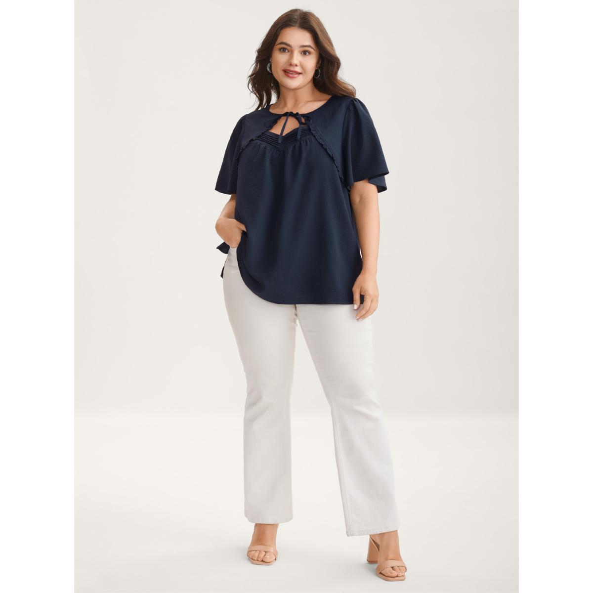 Plus Size Indigo Toothpick Pleated Neck Tie Solid Blouse Women Romantic Short sleeve Non Elegant Blouses BloomChic 12/L Product Image