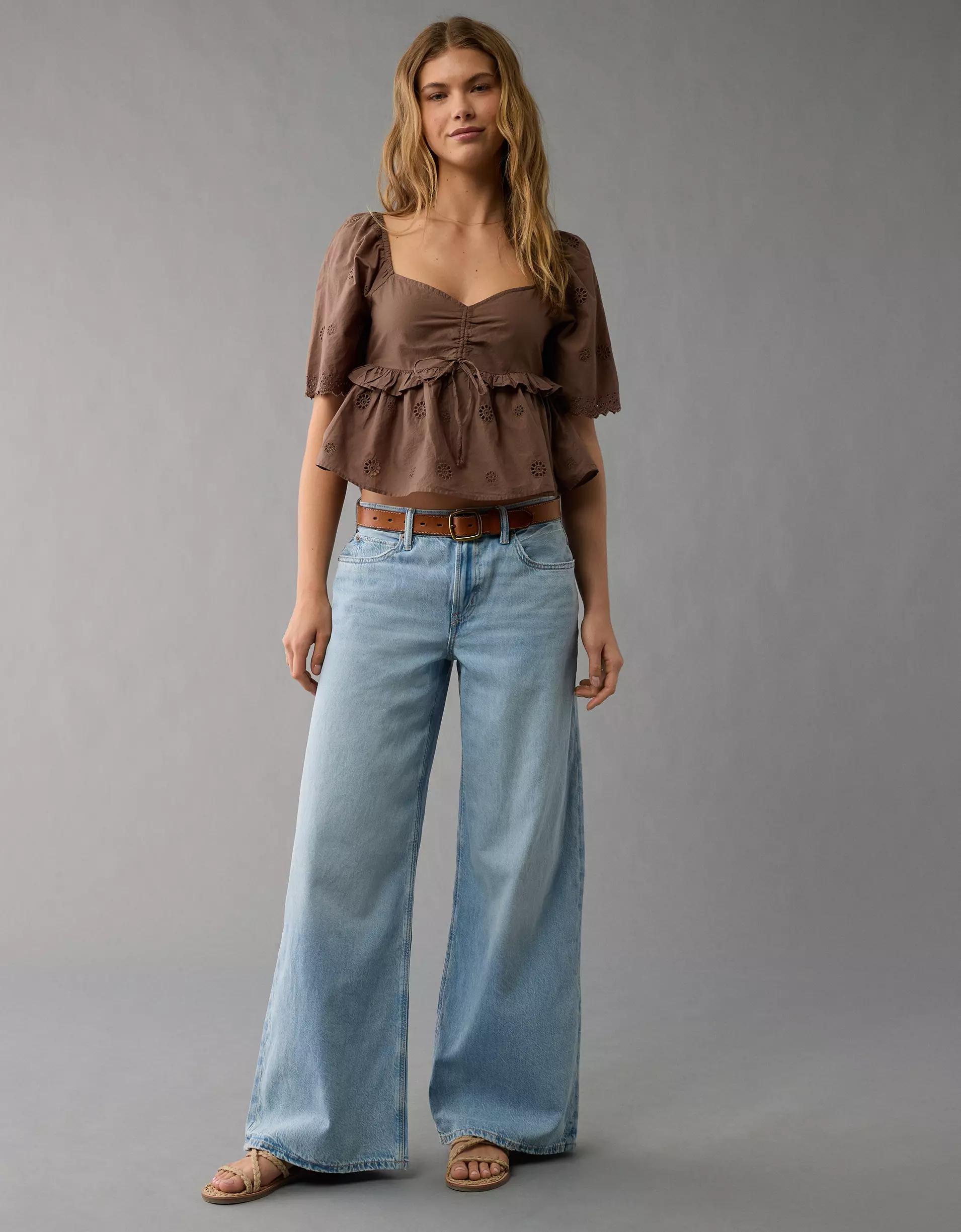 AE Flutter Sleeve Eyelet Babydoll Blouse Product Image