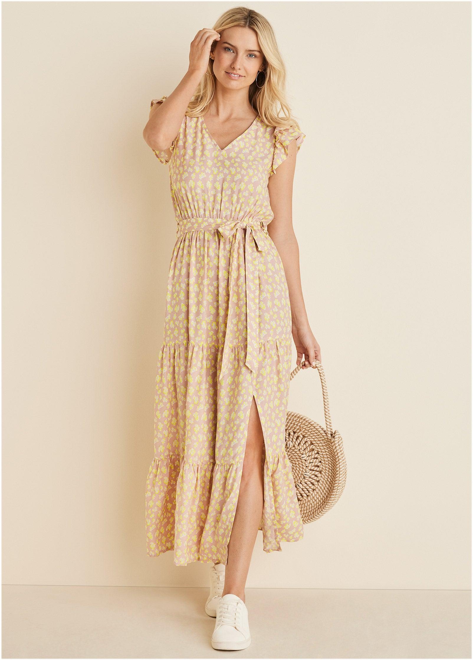 Flutter Sleeve Maxi Dress - Peach & White Product Image