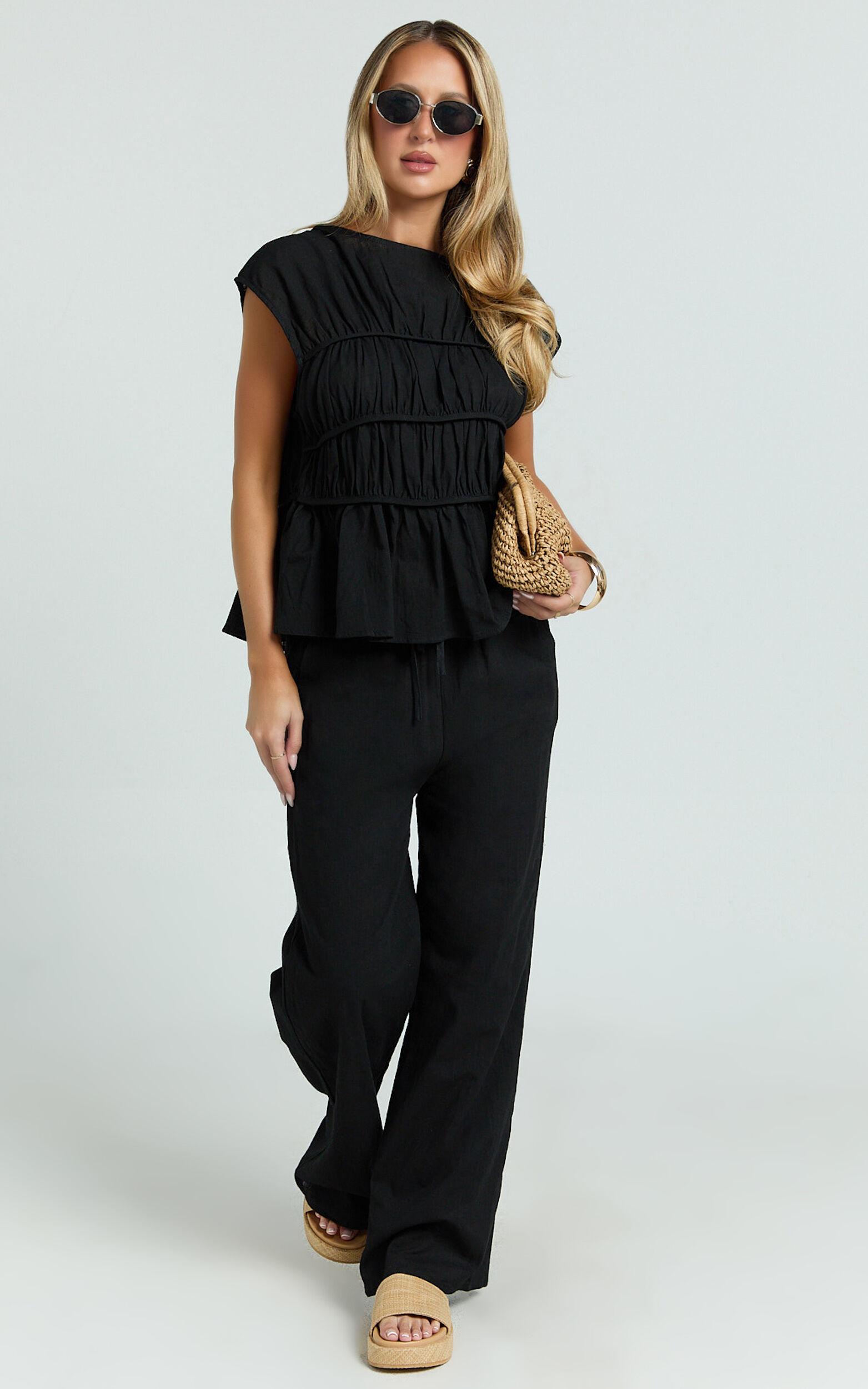 Auric Two Piece Set - Ruched Detail Top and Wide Leg Pants Set in Black Product Image