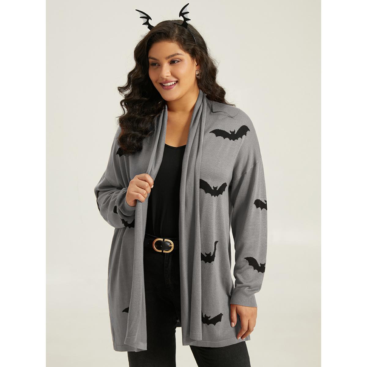 Plus Size Supersoft Essentials Halloween Bat Pattern Lapel Collar Cardigan DarkGray Women Playful Loose Long Sleeve Casual Cardigans BloomChic 22-24/3X Product Image