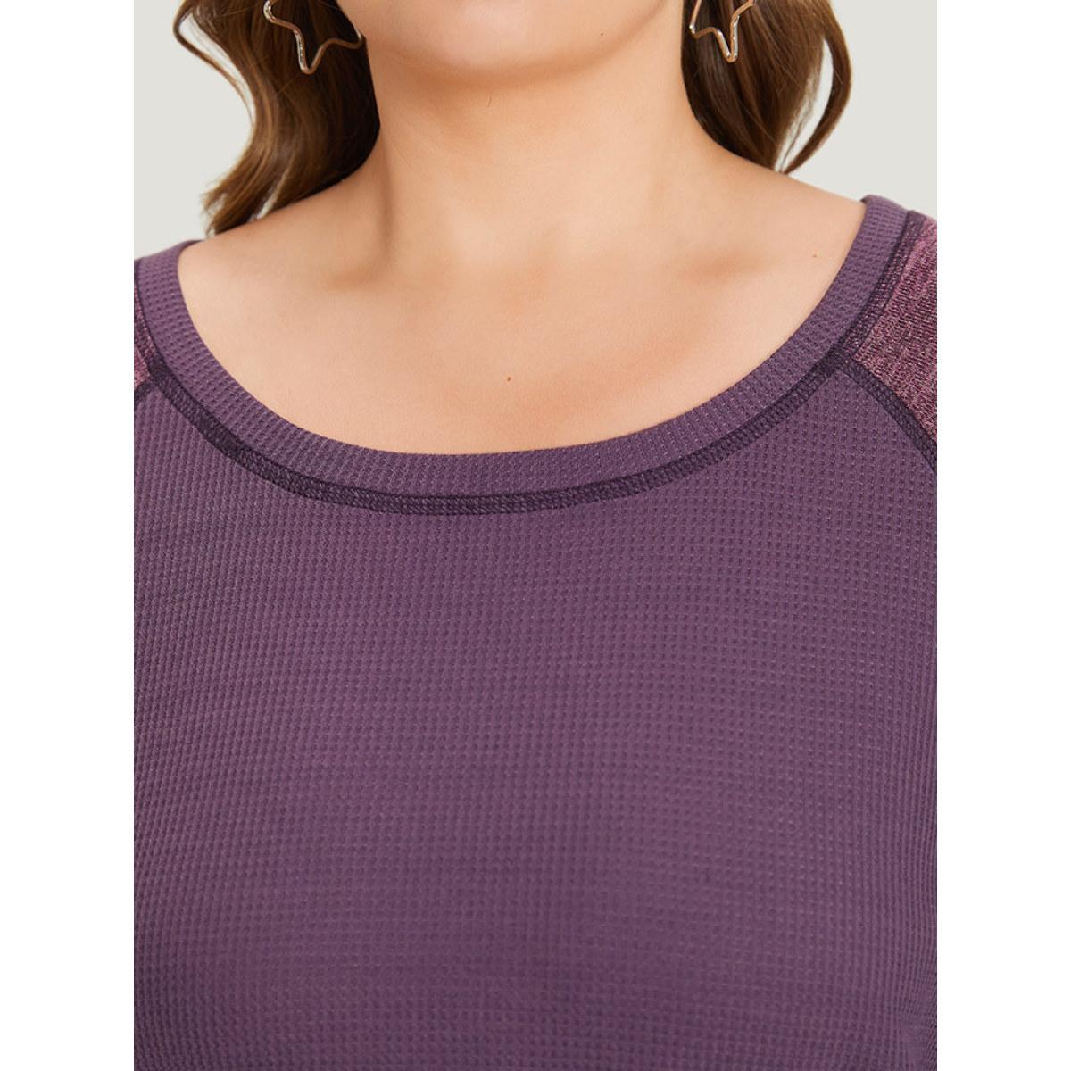 Plus Size Contrast Patchwork Heather Lantern Sleeve Sweatshirt Women Purple Casual Patchwork Round Neck Dailywear Sweatshirts BloomChic 10/M Product Image