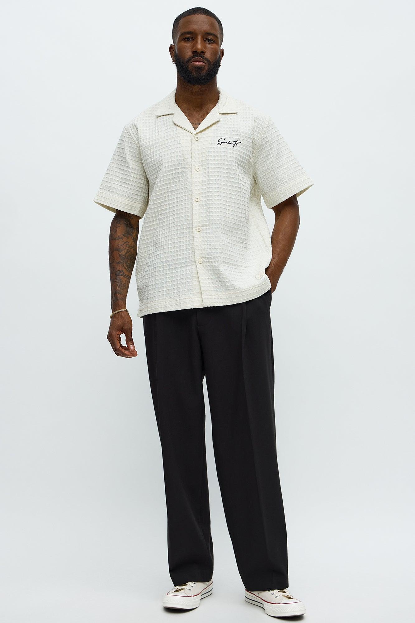 Diamond Weave Cuban Button Up Shirt - Off White Male Product Image