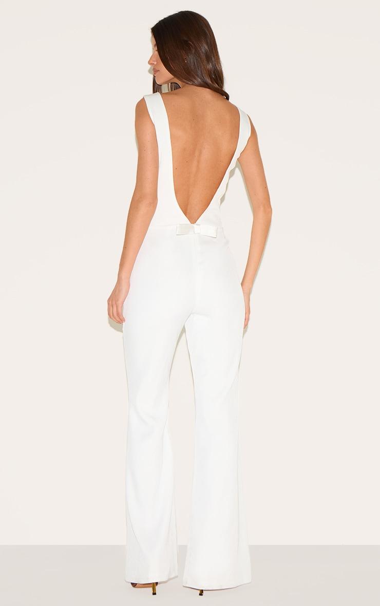 White Structured Woven Plunge Back Corset Straight Leg Jumpsuit Product Image