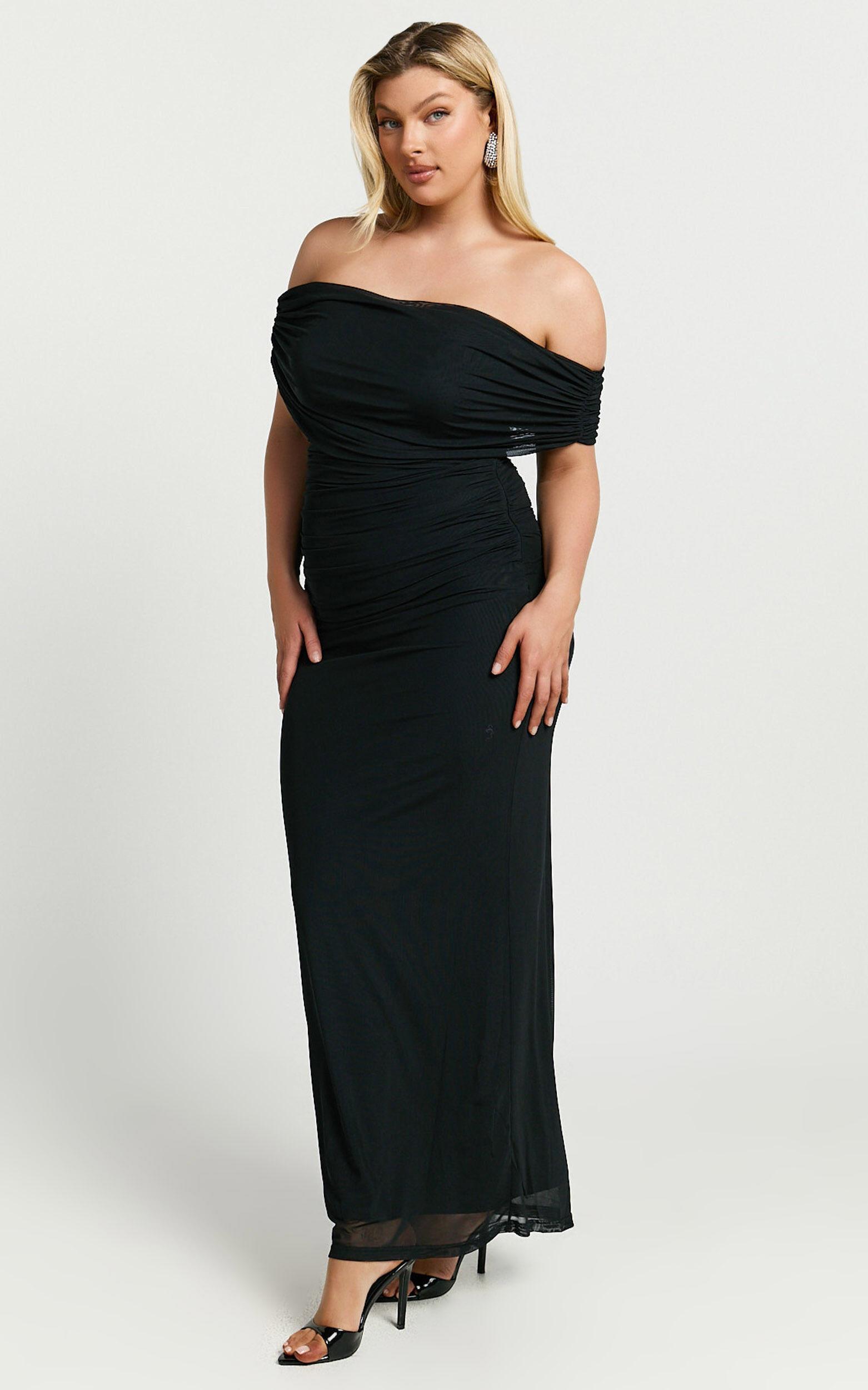 Caterina Maxi - Ruched Off Shoulder Mesh Dress in Black Product Image