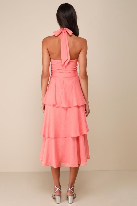 Sunny Darling Coral Pink Tiered Mock Neck Halter Midi Dress Product Image