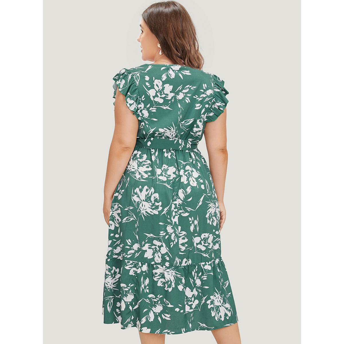 Plus Size Floral Print Belted Ruffle Cap Sleeve Pocket Dress Green Women Elegant Wrap V-neck Cap Sleeve Curvy Midi Dress BloomChic 22-24/3X Product Image