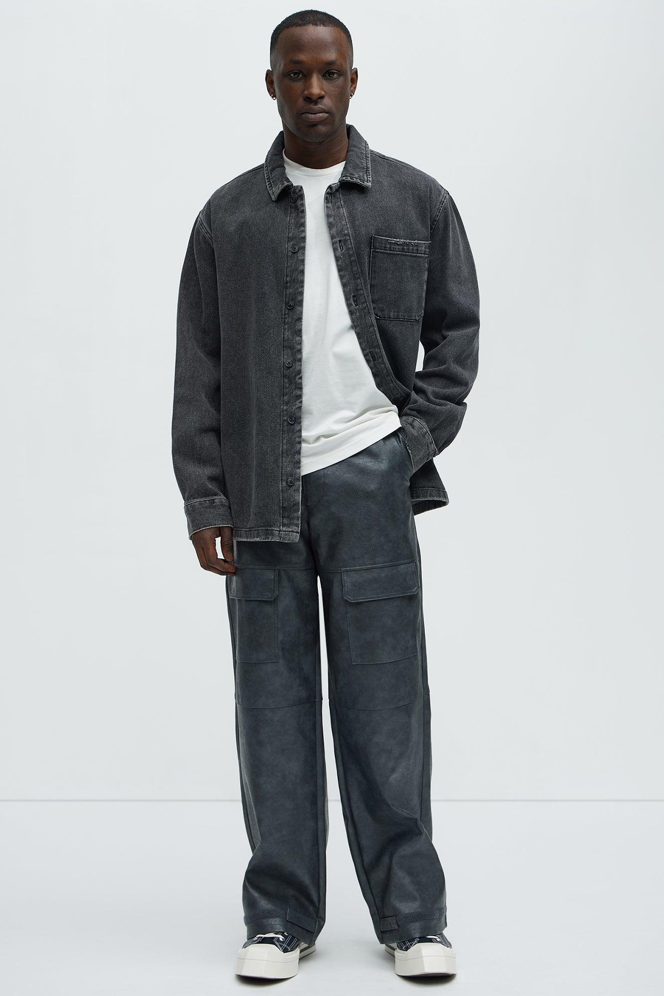 Baggy Pleather Cargo Pants - Black Product Image