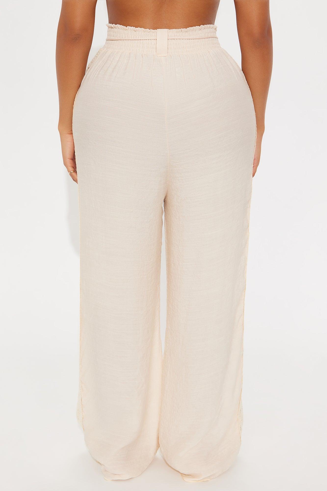 Beachside Lounge Linen Side Crochet Panel Cover Up Pants - Tan Product Image