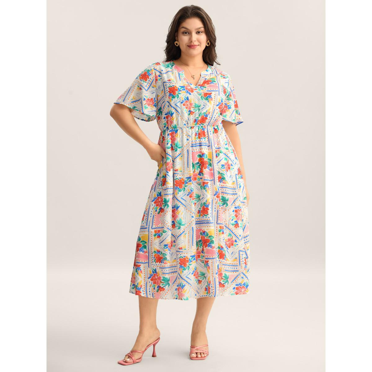 Plus Size Floral Collage Print Pockets Midi Dress Multicolor Women Notched collar Short sleeve Curvy BloomChic 18-20/2X Product Image
