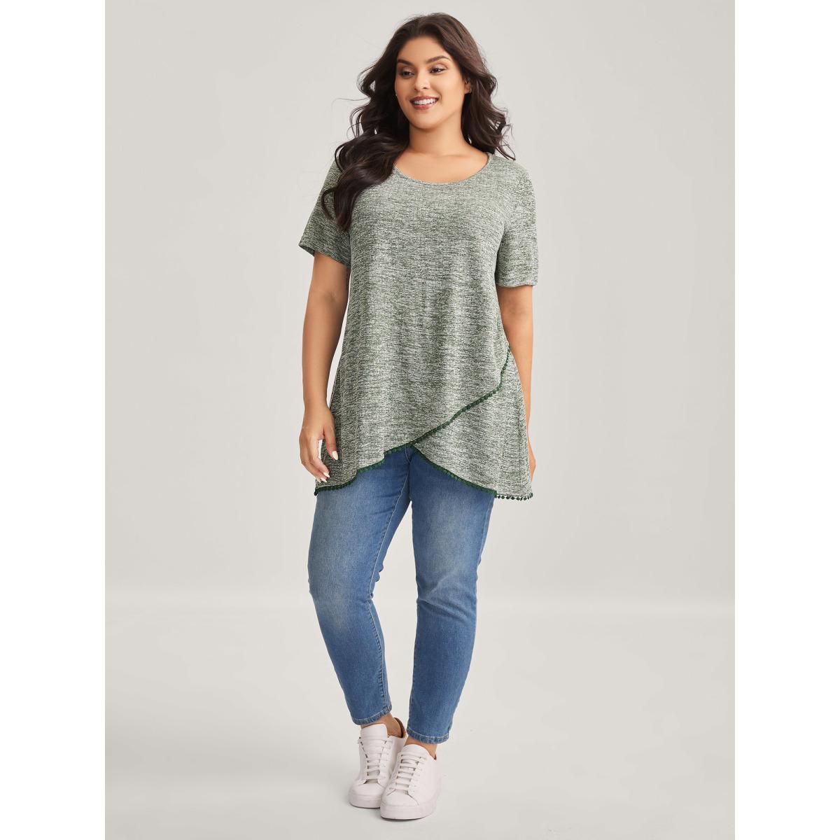 Plus Size Heather Lace Overlap Hem Solid T-Shirt Moss Women Leisure Overlapping Round Neck Loose Casual T-shirts BloomChic 22-24/3X Product Image