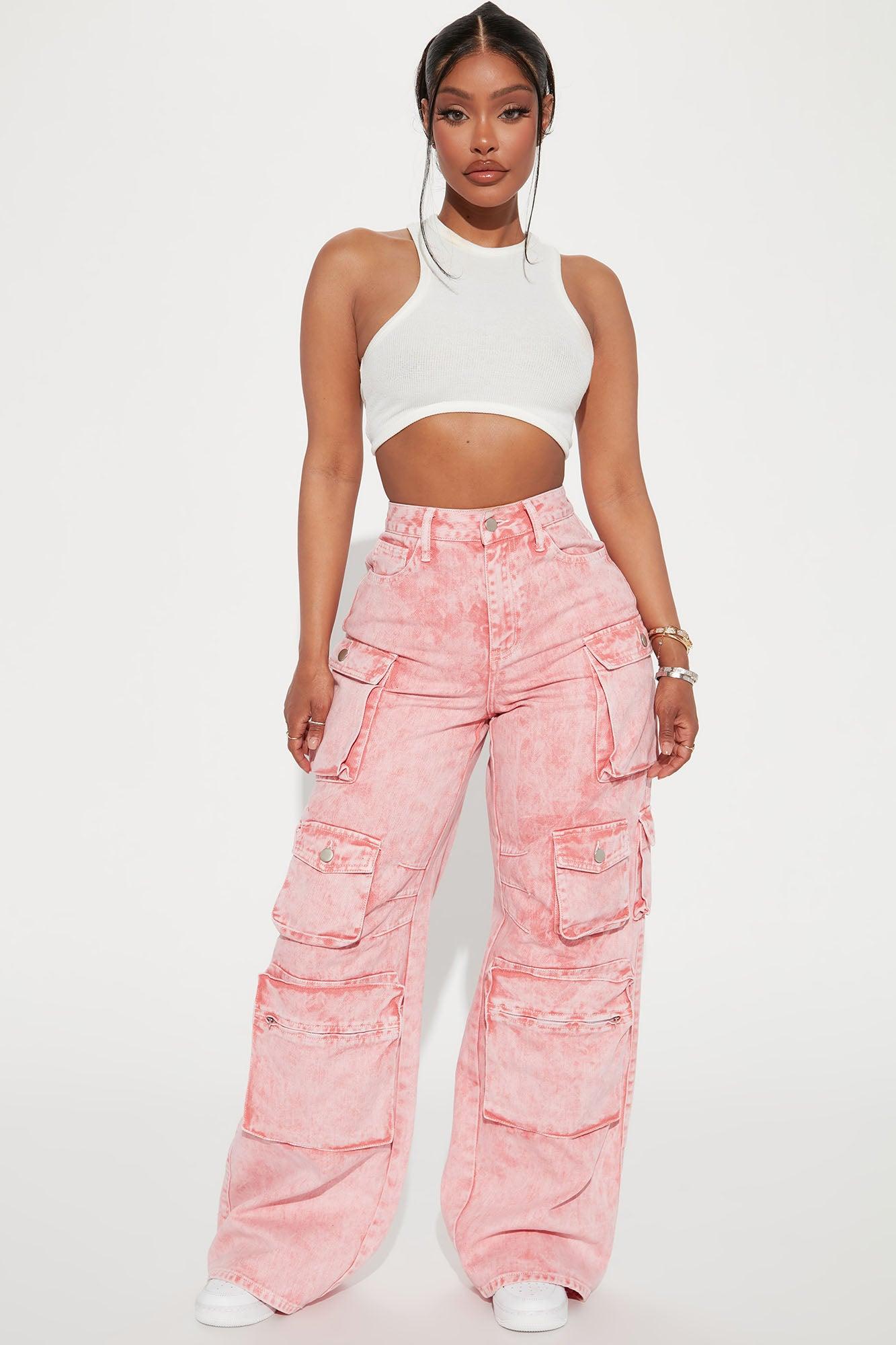 Lily High Rise Cargo Jeans - Pink Product Image