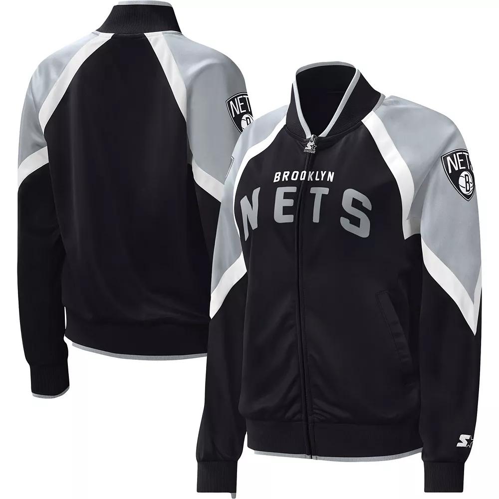 Women's Starter Black Brooklyn Nets Slam Dunk Raglan Full-Zip Track Jacket, Size: 2XL Product Image