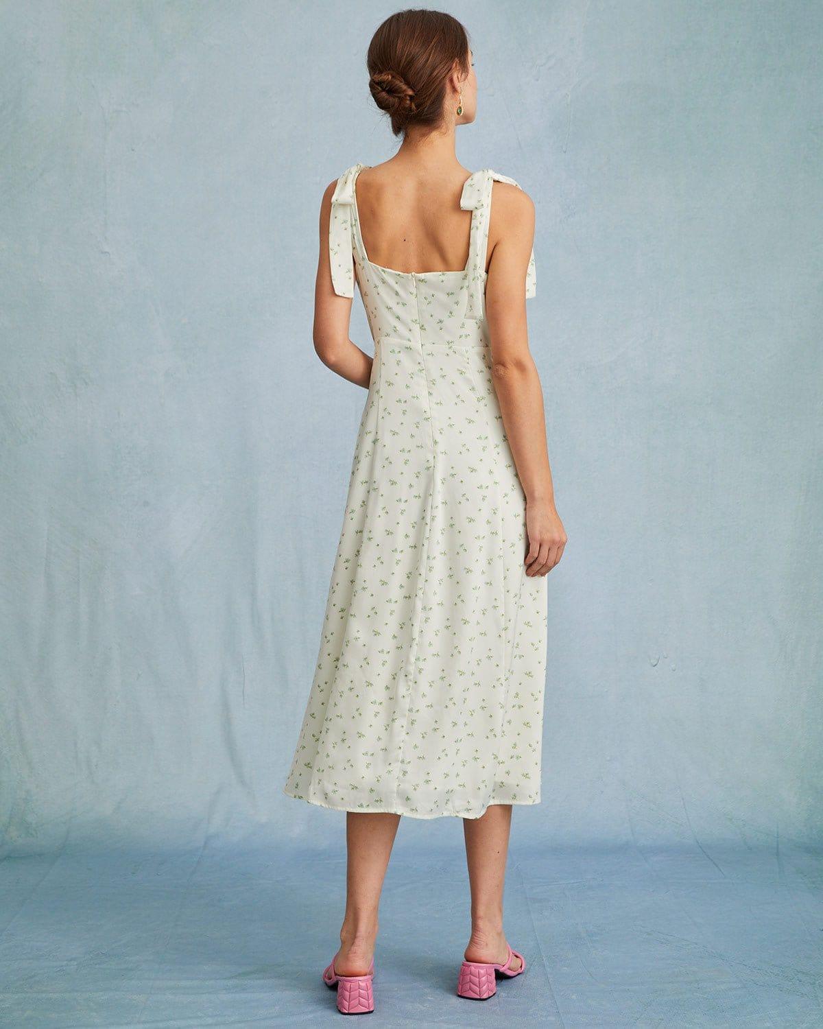 The Light Green Satin Floral Tie Strap Slit Midi Dress Product Image