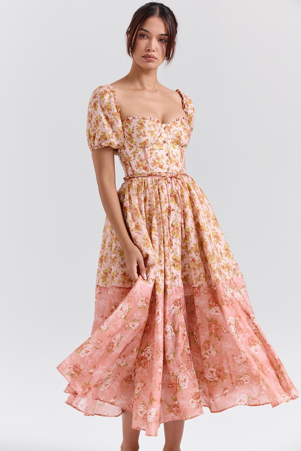 Penelope  peach poppy print puff sleeve midi sundress Product Image